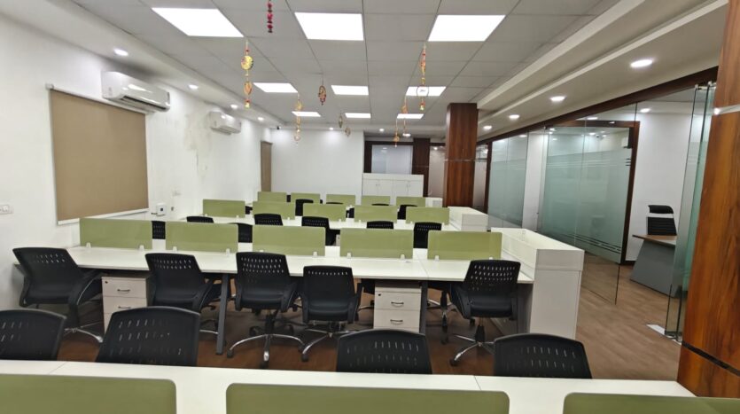 Open workstation office space with multiple seating